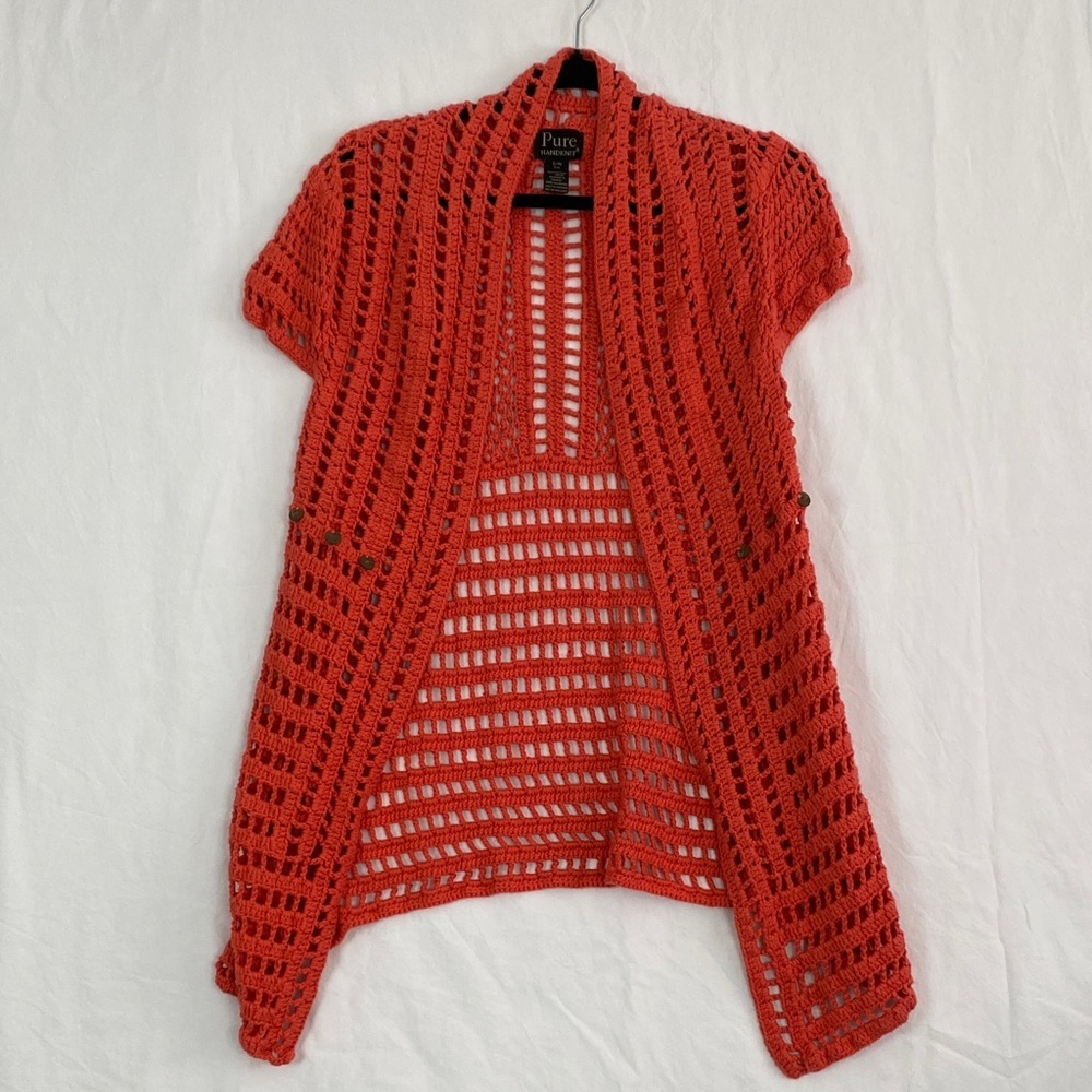 Pure Handknit Open-Front Crochet Cardigan Orange